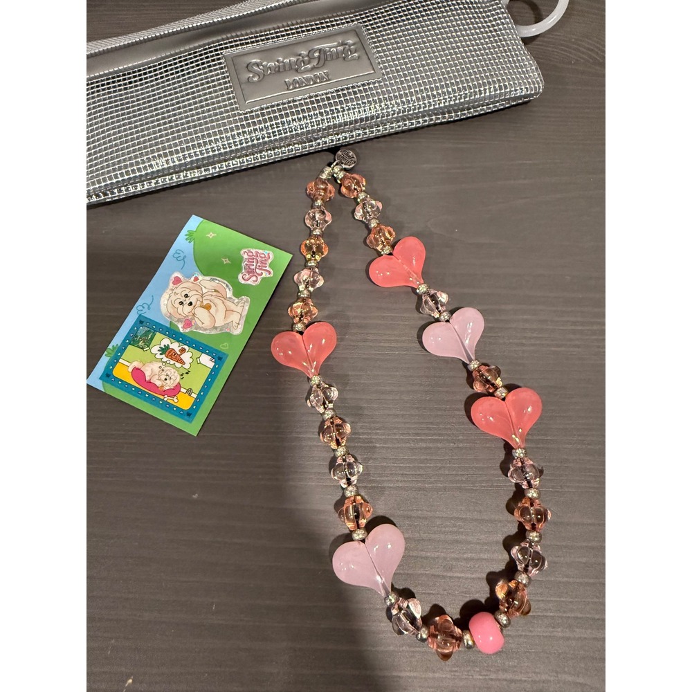 String Ting London Pink Heart Beaded Phone Wristlet Strap with Pouch & Stickers